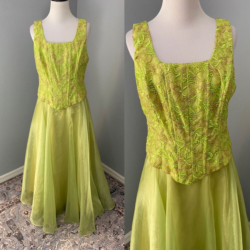 NOS Vintage 80s May Queen Green Prom Princess Dress Maxi Gown Metallic Floral M